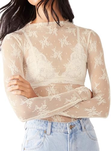 Sheer Mesh Long Sleeve Layering Top for Women Mock Neck See